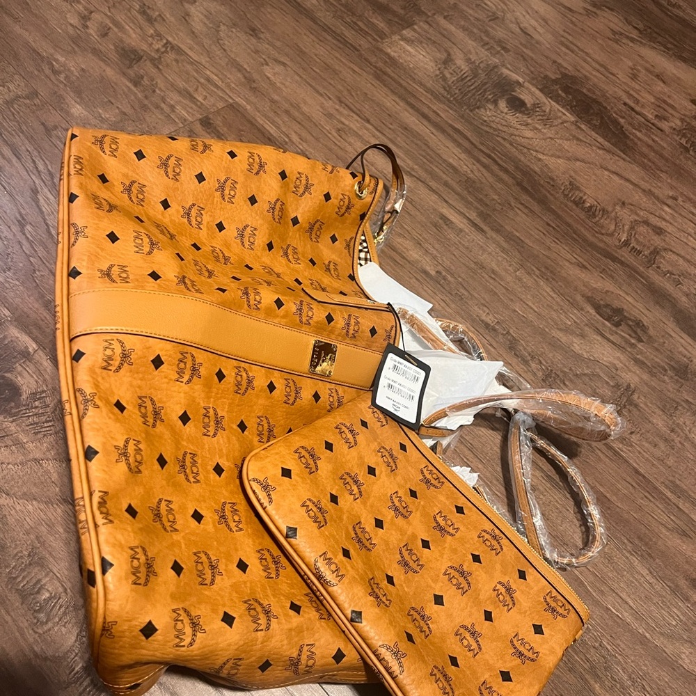 MCM Tan Logo Tote and Wallet Set